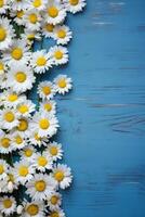 ai gegenereerd wit madeliefjes en geel bloemen Aan blauw houten achtergrond foto