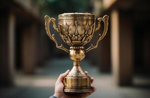 ai gegenereerd de winnaar is Holding een trofee omhoog Leuk vinden een persoon foto