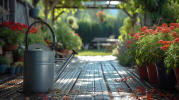 ai gegenereerd bloemen en tuinieren gereedschap Aan de terras van de tuin foto