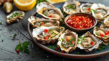 ai gegenereerd vers oesters met citroen en saus foto