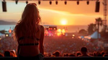 ai gegenereerd een groep van tieners zijn gezeten voordat de stadium van een muziek- festival in de zomer foto