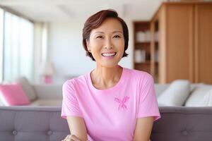 ai gegenereerd een gelukkig vrouw in een roze t-shirt met een lint foto