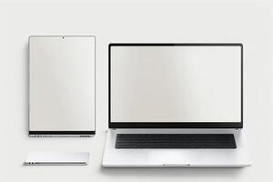 ai gegenereerd blanco Scherm sjabloon voor laptop. sjabloon voor reclame of bladzijde Aan website, marketing, presentatie. middelen van communicatie, presentatie van modern apparaatje model. 3d illustratie foto