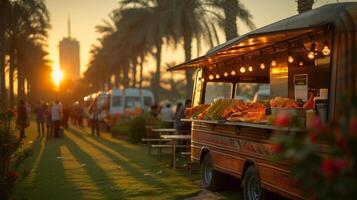 ai gegenereerd in dubai, uae - maart 26, 2016. voedsel vrachtwagens en leven muziek- waren uitgelicht net zo een deel van de voedsel vrachtauto jam Bij de emiraten golf club. foto