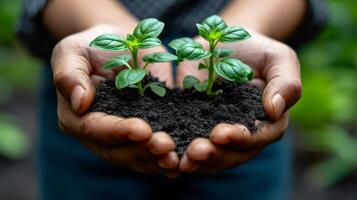 ai gegenereerd in een opstarten bedrijf met verschillend mensen Holding groeit spruiten, u kan zien een team van milieuvriendelijk mensen samenwerken en werken samen naar toenemen planten. foto