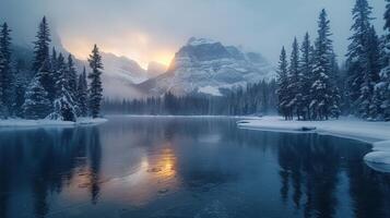 ai gegenereerd yoho nationaal park, veld, Canada - december 9, 2019. smaragd meer Bij zonsondergang foto