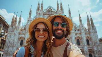 ai gegenereerd reizen en vakantie levensstijl concept - gelukkig paar nemen een selfie in voorkant van de duomo kathedraal in Milaan, Lombardia - twee toeristen hebben pret Aan romantisch zomer vakantie in Italië - foto