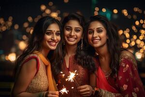 ai gegenereerd jong mooi Indisch Dames Bij de diwali viering foto