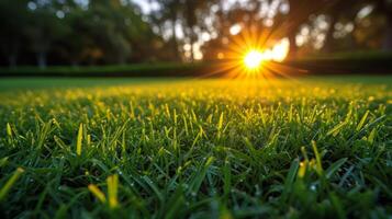 ai gegenereerd de groen gras veld- Bij zonsopkomst is natuurlijk en weelderig foto