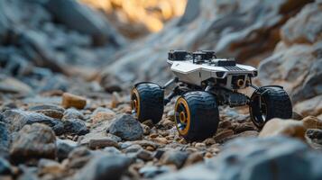 ai gegenereerd robot rover Aan rotsachtig terrein foto