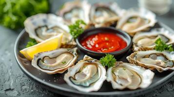 ai gegenereerd vers oesters met citroen en saus foto