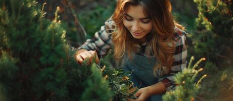 ai gegenereerd jong mooi meisje. tuinman pruimen thuja planten met tuin schaar foto