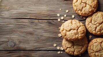 ai gegenereerd vers ronde vormig havermout koekjes liggen Aan een houten tafel foto