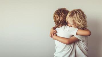 ai gegenereerd een inschrijving omhelzing tussen broers en zussen, presentatie van onvoorwaardelijk liefde en ondersteuning foto