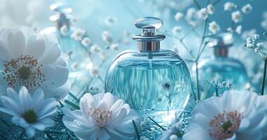 ai gegenereerd kater parfum flessen met bloemen en blauw gras foto