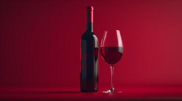 ai gegenereerd fles en glas van rood wijn Aan een rood achtergrond foto