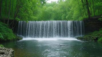 ai gegenereerd trapsgewijs watervallen genereren waterkracht, omringd door weelderig groen foto