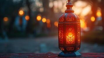 ai gegenereerd een decoratief Arabisch lantaarn gloeiend met een brandend kaars tegen een moskee achtergrond Bij nacht. een uitnodiging naar moslims naar observeren Ramadan kareem. foto