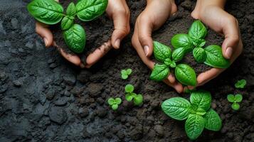 ai gegenereerd de plant, bodem, en samenspel van een team van bedrijf mensen voor steun, aarde, of omgeving. samenwerking, groei, en investering met close-up's van medewerkers voor duurzaamheid foto