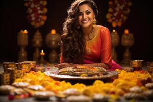 ai gegenereerd mooi vrouw bereidt zich voor voor diwali viering foto