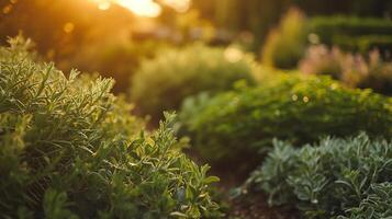 ai gegenereerd de gouden gloed van zonsondergang baadt een tuin vol van kruiden, creëren een warm en uitnodigend atmosfeer in de weelderig groen ruimte. foto