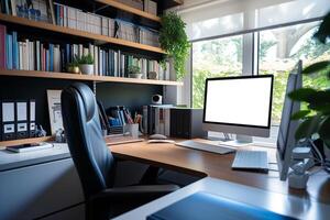 ai gegenereerd een knus huis kantoor reeks omhoog met een computer Aan een bureau, boekenkasten gevulde met boeken, en natuurlijk licht van een venster. foto