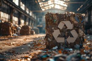 ai gegenereerd een gecomprimeerd kubus van verspilling materiaal prominent wordt weergegeven de recycling symbool, reeks in een industrieel recycling faciliteit, betekenend de belang van verspilling segregatie en recyclen. foto