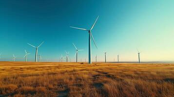 ai gegenereerd wind turbines torenhoog over- een gouden veld- tegen een Doorzichtig blauw lucht, beeltenis hernieuwbaar energie en duurzaamheid. foto