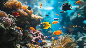 ai gegenereerd kleurrijk tropisch vis zwemmen tussen koraal riffen in een aquarium instelling, presentatie van marinier biodiversiteit en onderwater- leven. foto
