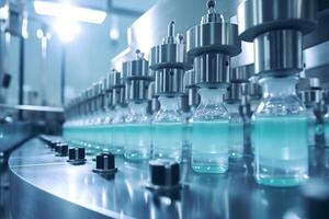 ai gegenereerd precisie machinerie Aan een geautomatiseerd productie lijn vult flesjes met een medisch oplossing in een steriel farmaceutisch fabricage faciliteit. foto