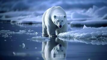 ai gegenereerd polair beer wandelen Aan arctisch ijs, klimaat verandering concept, dieren in het wild fotografie, ijzig landschap backdrop foto