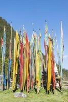 stoepa's en vlaggen Bij Shuzheng Tibetaans dorp, jiuzhaigou nationaal park, sichuan provincie, China, UNESCO wereld erfgoed plaats foto