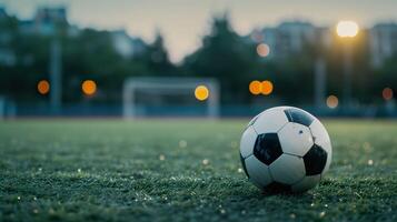 ai gegenereerd voetbal actie, dynamisch Speel met voetbal bal Aan de veld- foto