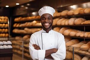 ai gegenereerd een glimlachen bakker staand met vers brood in een bakkerij. een gelukkig Afrikaanse Mens staand met zijn armen gekruiste Bij de teller in een bakkerij op te slaan foto