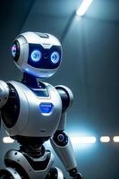 ai gegenereerd een robot met gloeiend blauw ogen en een scherm voor een borst. ai generatief foto