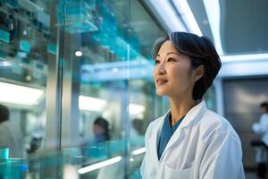 ai gegenereerd portret foto van een jong knap Aziatisch vrouw wetenschapper in laboratorium. concept van bewijzen een gezond Product.