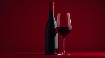 ai gegenereerd fles en glas van rood wijn Aan een rood achtergrond foto