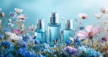 ai gegenereerd kater parfum flessen met bloemen en blauw gras foto