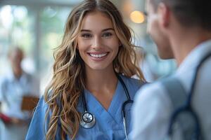 ai gegenereerd een stralend jong verpleegster in blauw scrubs glimlacht vol vertrouwen in de bezig gang van een modern ziekenhuis foto