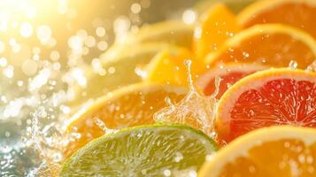 ai gegenereerd een barsten van citrus kleuren en spatten, vastleggen de essence van verfrissend fruit sappen foto