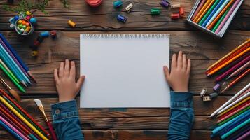 ai gegenereerd een ondersteboven visie van een kind hand- resting Aan een houten tafel foto