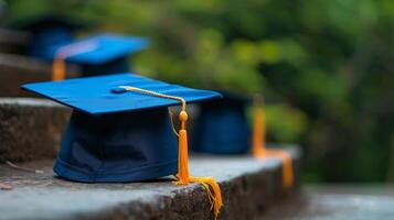 ai gegenereerd diploma uitreiking petten en oplopend stappen staan voor de achtervolging van hoger onderwijs foto