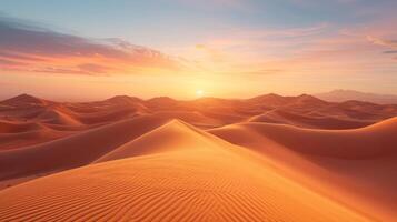 ai gegenereerd warm, aards tonen en verschuiven zand duinen vastleggen de sereen schoonheid van een woestijn landschap gedurende zonsondergang. foto