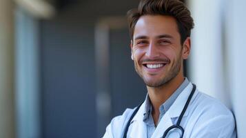 ai gegenereerd energiek jong dokter. een jong medisch professionele warm glimlach straalt uit mededogen en toewijding naar geduldig zorg foto