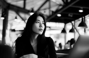 ai gegenereerd jong Aziatisch zakenvrouw overweegt terwijl zittend in een modern stedelijk cafe met een laptop foto