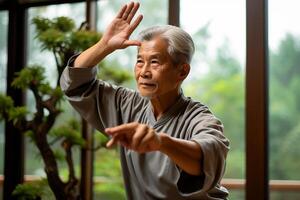 ai gegenereerd ouderen Aziatisch Mens beoefenen tai chi, sereen uitdrukking in een traditioneel instelling foto