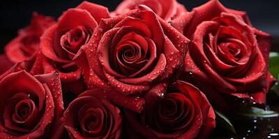 ai gegenereerd met dauw gekust rood rozen in detailopname visie. levendig rood rozen met water druppels in detail foto