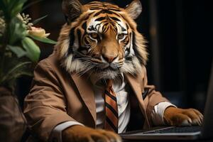 ai gegenereerd tijger in bedrijf kleding werken aandachtig Bij een computer in een donker kantoor instelling foto