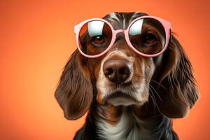 ai gegenereerd elegant bruin en zwart hond sporting roze zonnebril tegen een levendig oranje achtergrond foto