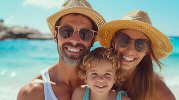 ai gegenereerd een levendig schot van een gelukkig familie Aan de strand, bevorderen toevlucht Diensten foto